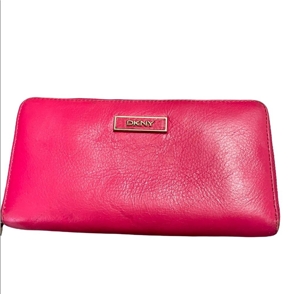 DKNY pink zipper leather wallet